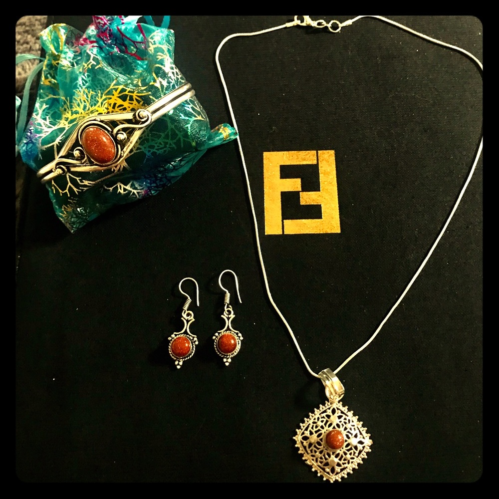 SOLD Sunstone gemestone Sterling Silver Plated set